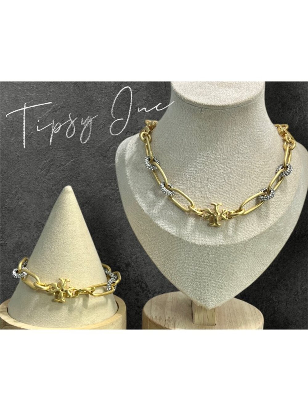 TORY BURCH ROXANNE CHAIN ​​PAVÉ SHORT NECKLACE & BRACELET SET